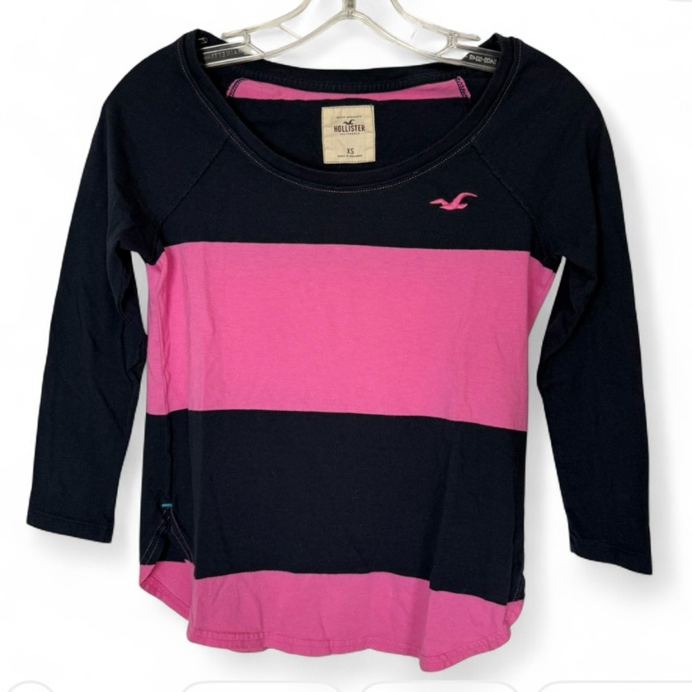 Y2K Hollister Pink Navy Colorblock Stripe Raglan Shirt Womens XS Preppy Cute Top